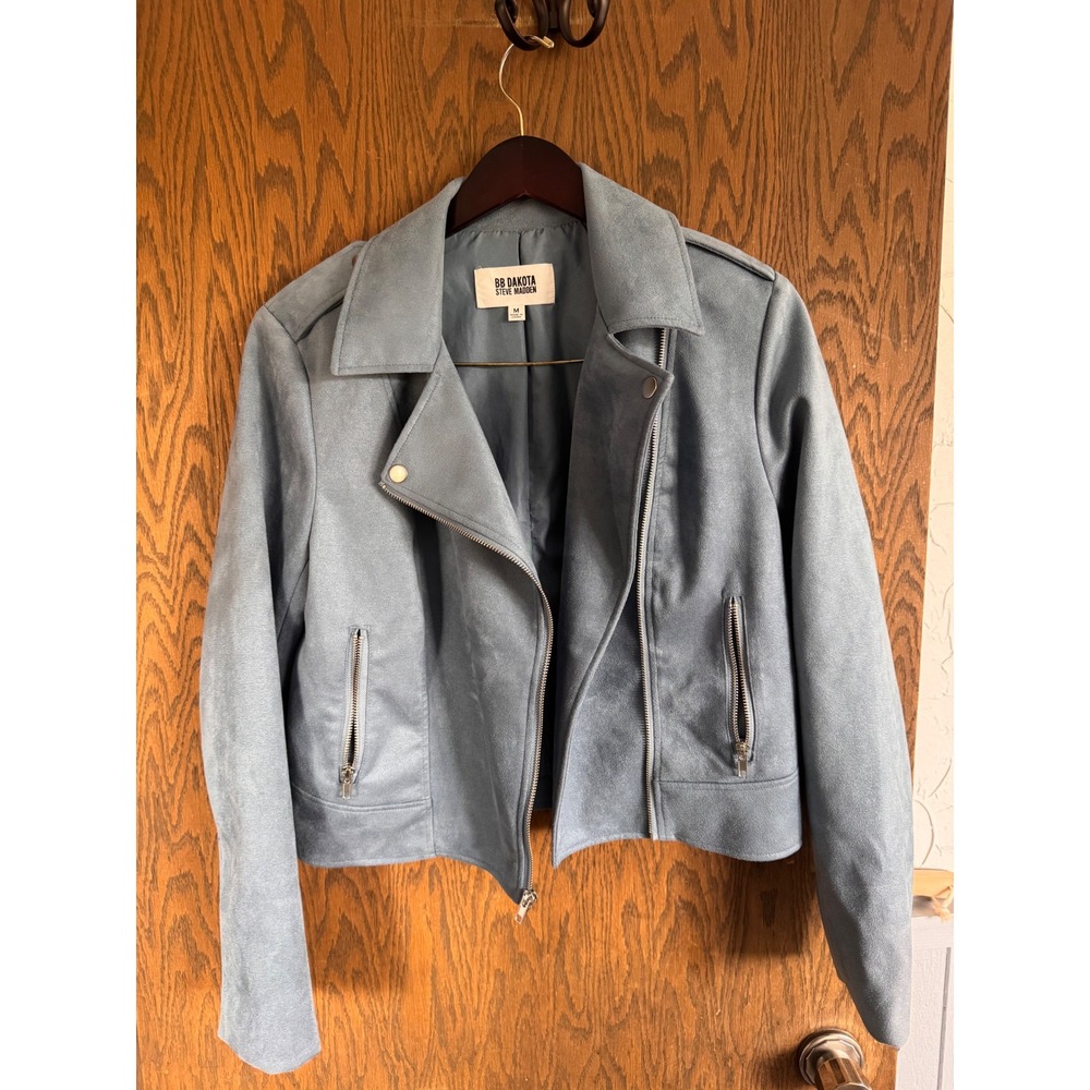 BB Dakota Steve Madden Blue Faux Suede Moto Jacket Womens Medium Zip
